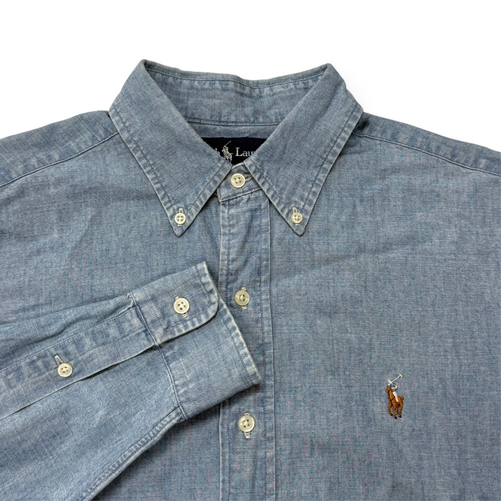 Ralph Lauren Mens Classic Fit Blue Cotton Chambray Button Down Shirt Medium